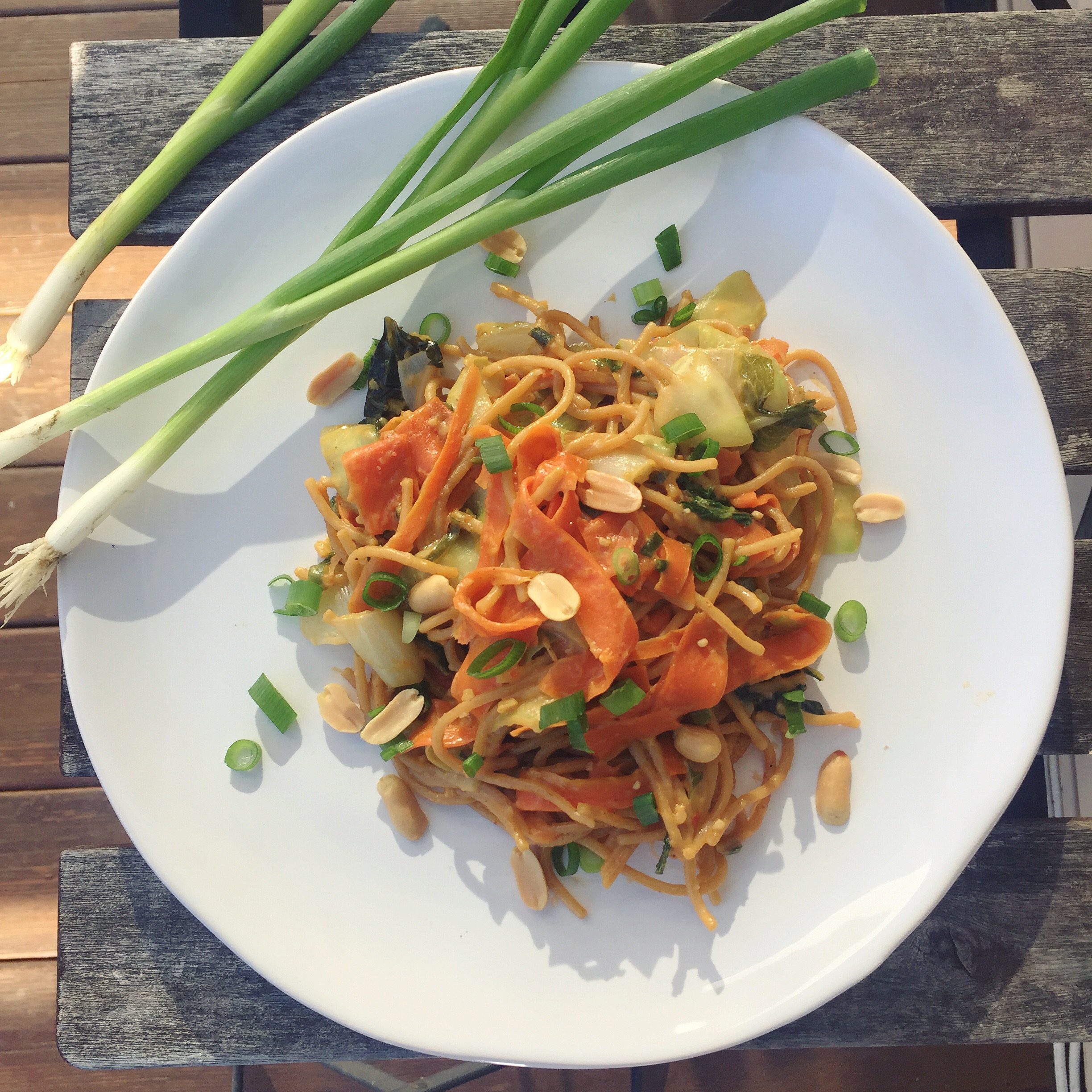 Asian Noodle Stir Fry with a peanut-chili sauce.